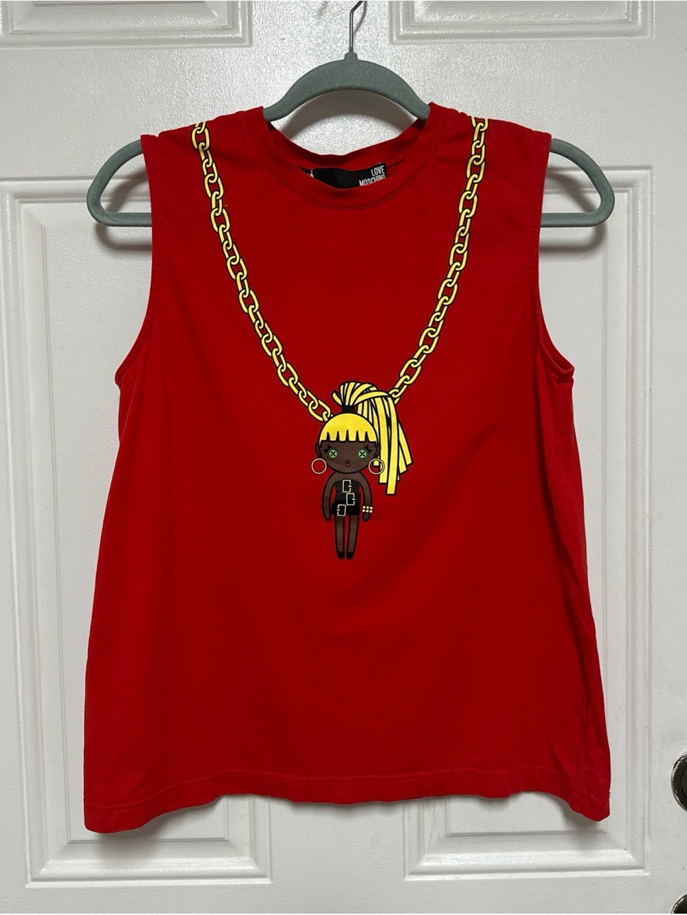 Love Moschino Red Top Gold Chain Graphic shirt top size US 4